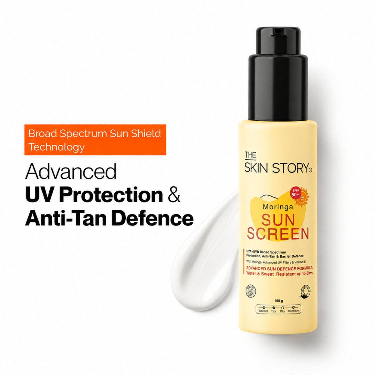 The Skin Story Moringa Face Sunscreen SPF 50+ PA+++ For Detan, Anti-Aging, No White Cast, Non Sticky