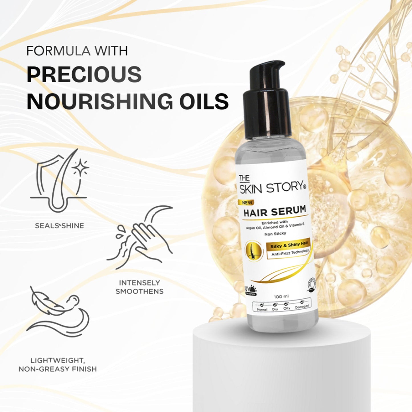 The Skin Story Anti Frizz Hair Serum For Smooth Shiny Silky Hair With UV Protection Vit E Argan Oil