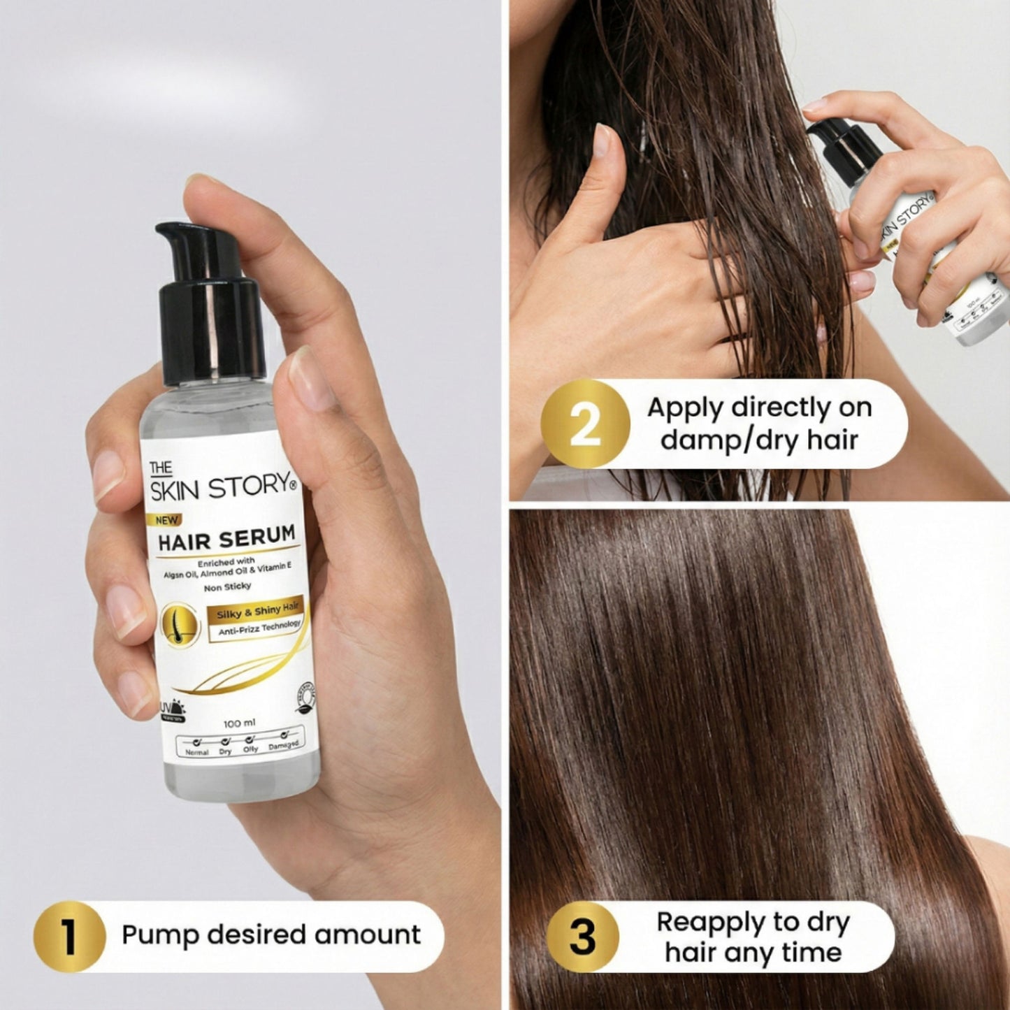 The Skin Story Anti Frizz Hair Serum For Smooth Shiny Silky Hair With UV Protection Vit E Argan Oil