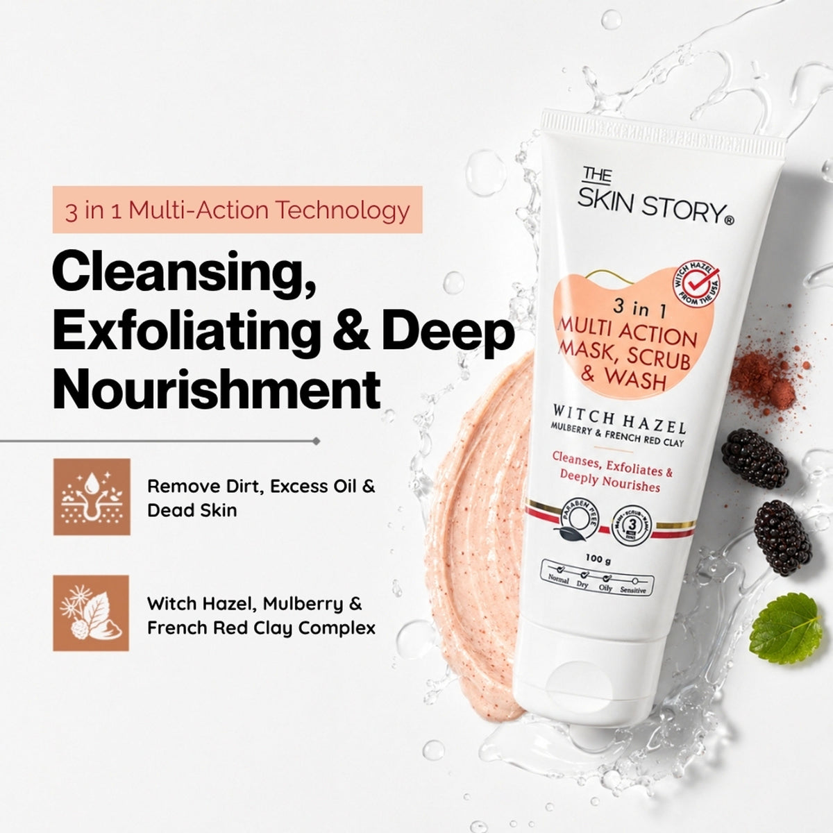 The Skin Story 3 in 1 Multi Action Face Mask, Scrub & Wash For Deeply Cleansed, Healthy Looking Skin