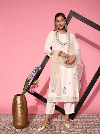 Indyancart IE Women Embroidered Regular Mirror Work Kurta with Trousers & With Dupatta