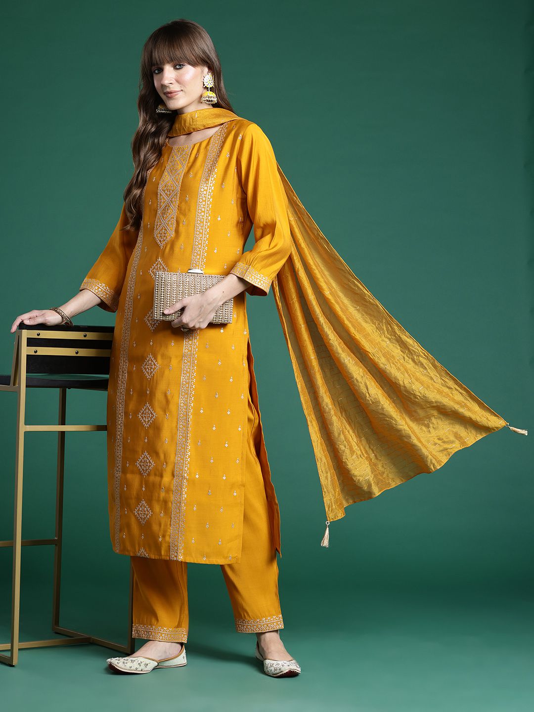 Ethnic Motifs Embroidered Regular Sequinned Kurta with Trousers & Dupatta
