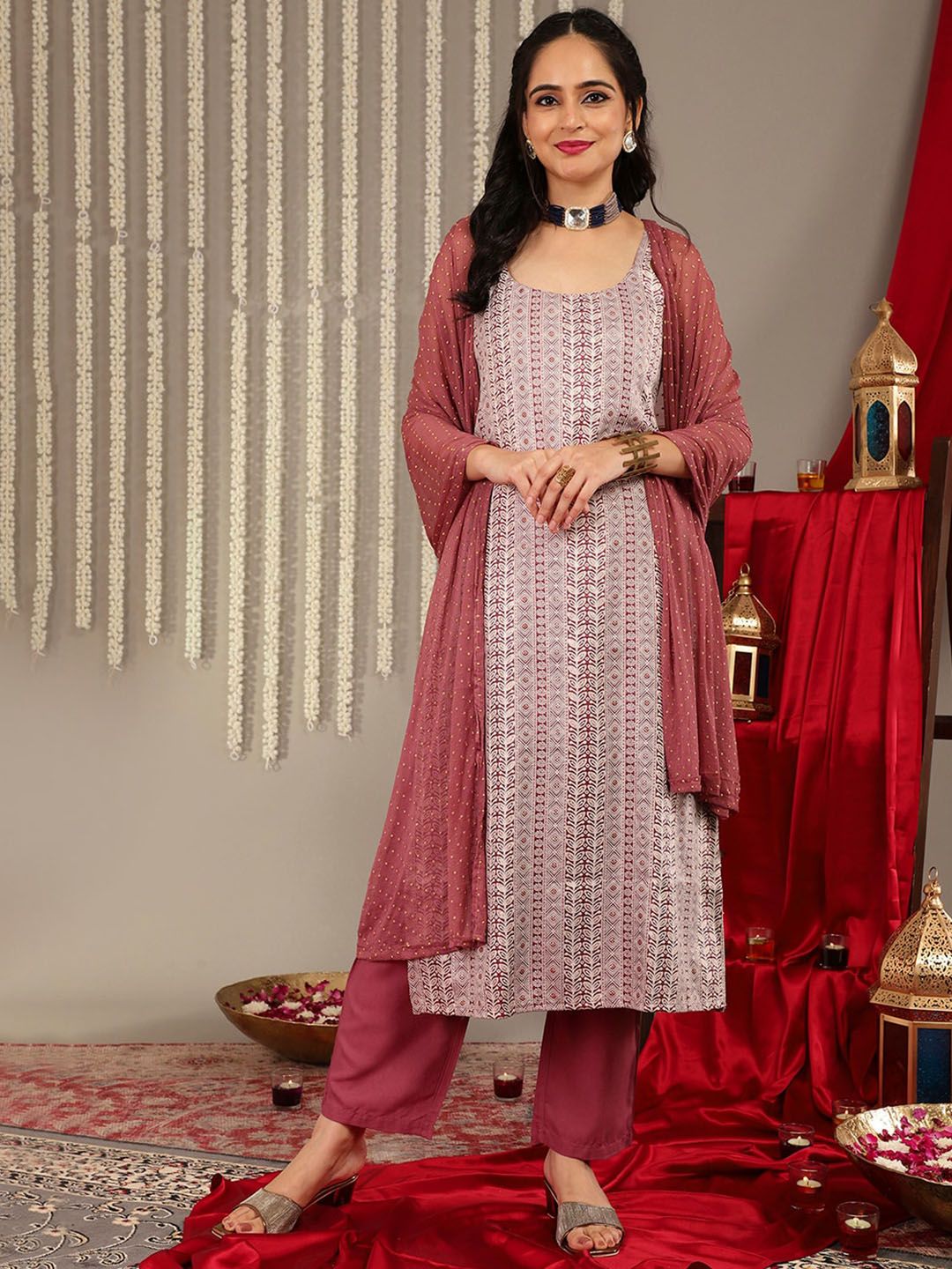 Indyancart VA Women's Shoulder Straps Woven Printed Straight Kurta & Trouser With Dupatta