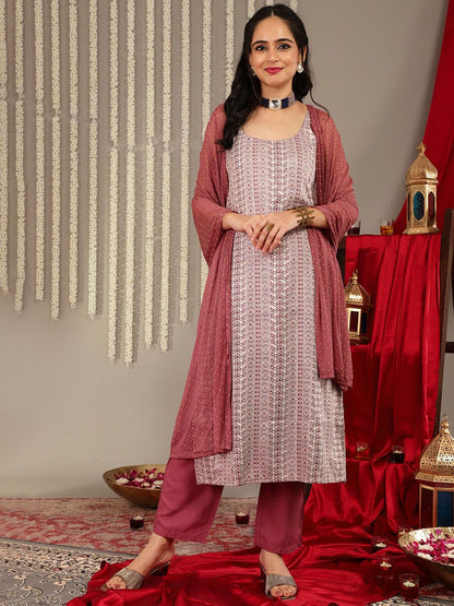 Indyancart VA Women's Shoulder Straps Woven Printed Straight Kurta & Trouser With Dupatta