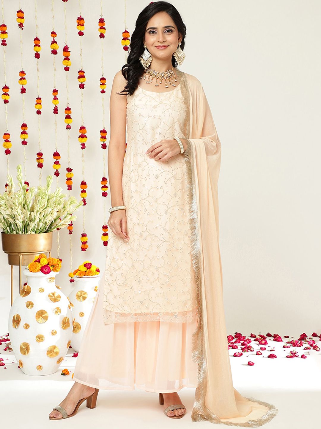 Indyancart VA Floral Embroidered Sequinned Straight Kurta & Sharara With Dupatta