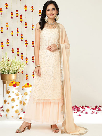 Indyancart VA Floral Embroidered Sequinned Straight Kurta & Sharara With Dupatta
