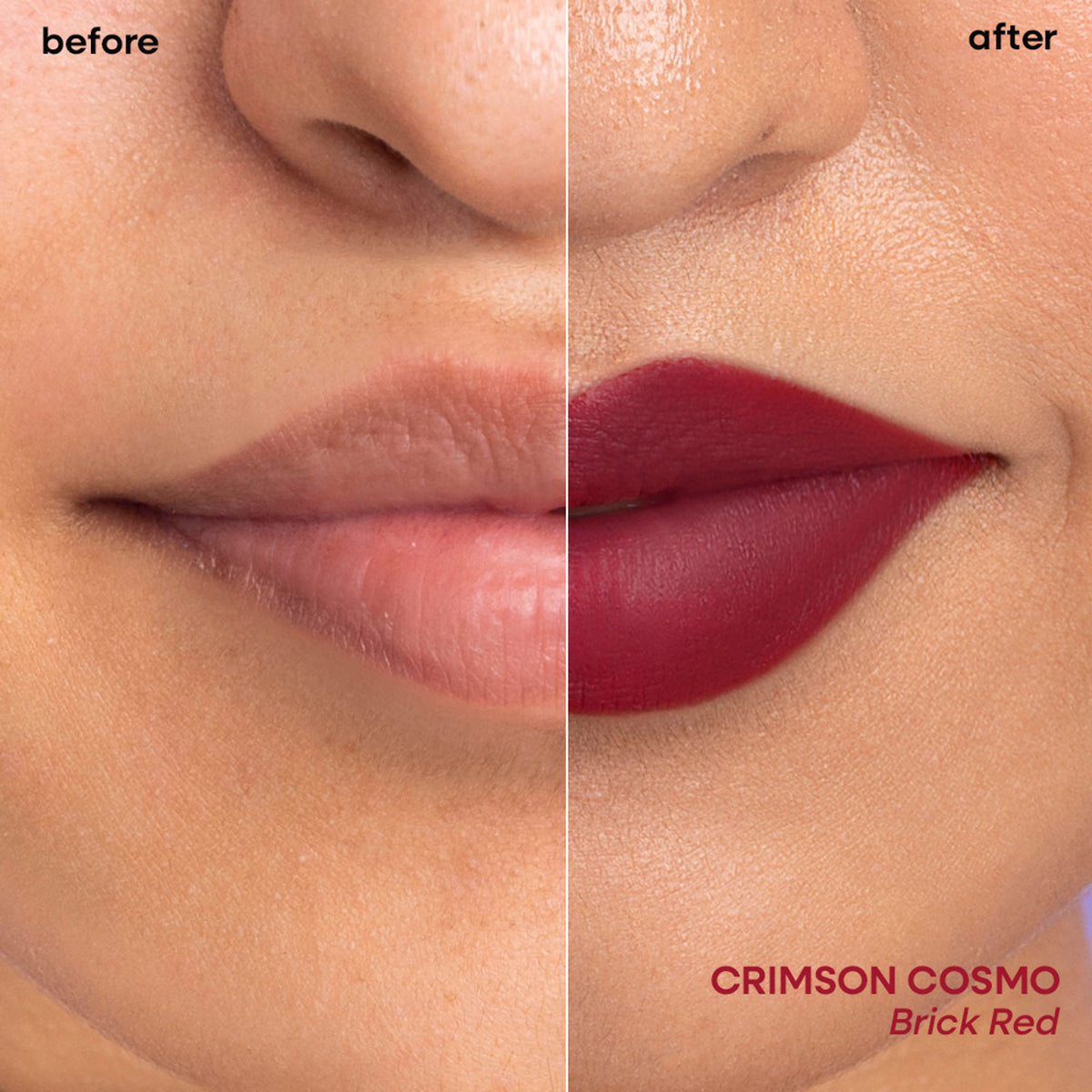 Nykaa Superlight Lip Cloud airy mousse matte lipstick in Crimson Cosmo, showcasing vibrant red lip and cheek color.