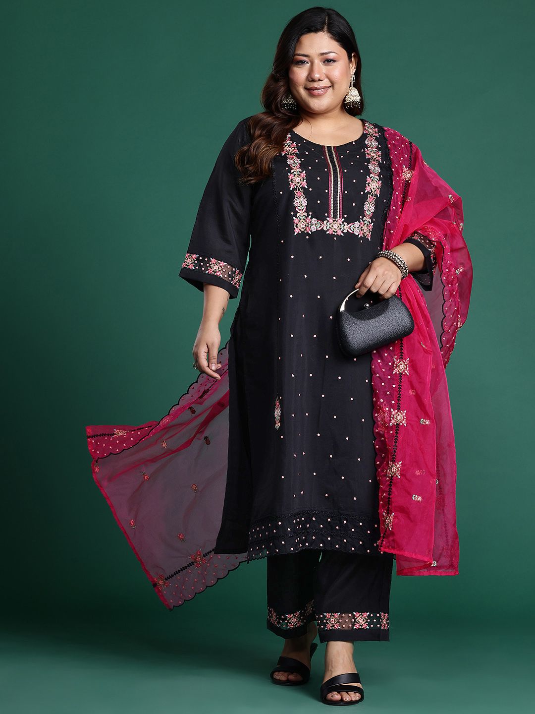 Indyancart Women's Plus Size Floral Embroidered Sequinned Kurta with Trousers & Dupatta