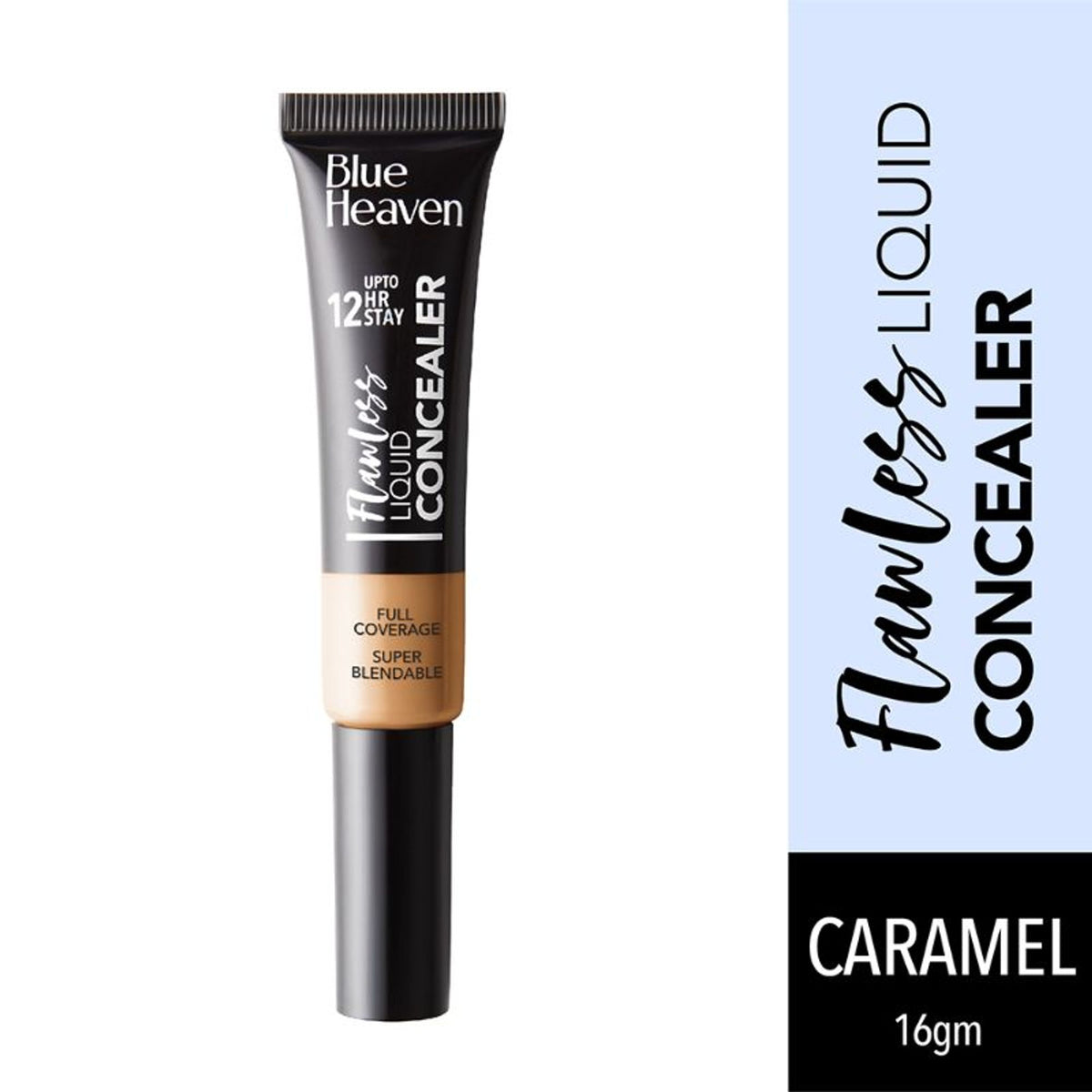 Blue Heaven Flawless Liquid Concealer in shade 401 Caramel, with a sleek tube and applicator brush visible.