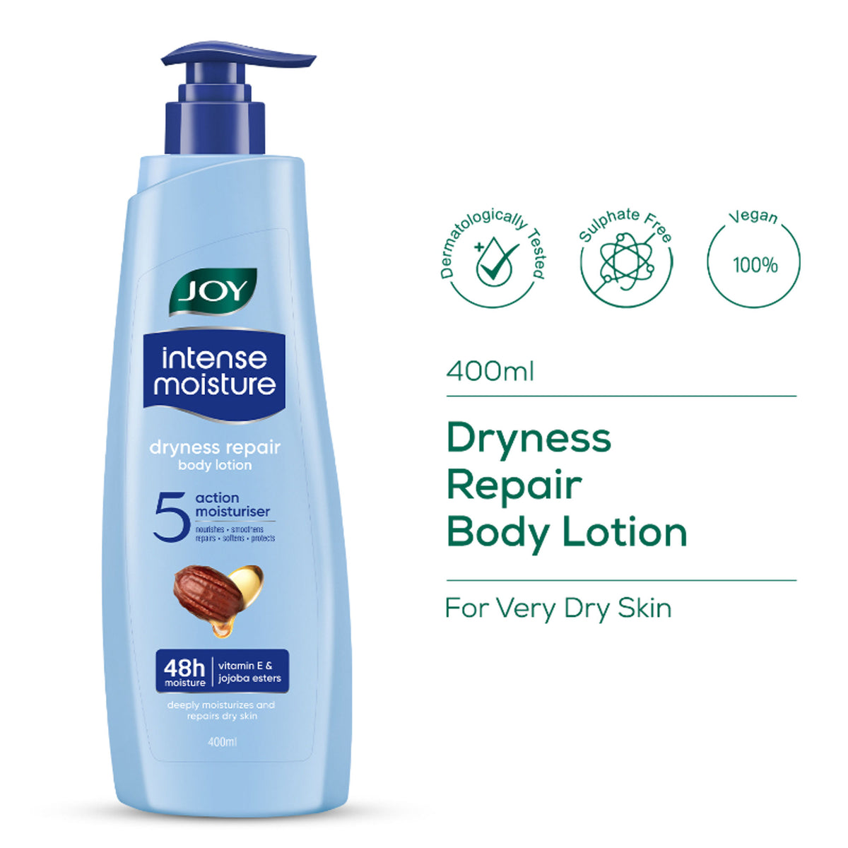 Joy Intense Moisture Dryness Repair Body Lotion with Vitamin E and Jojoba, providing 24-hour softness for winter skin.
