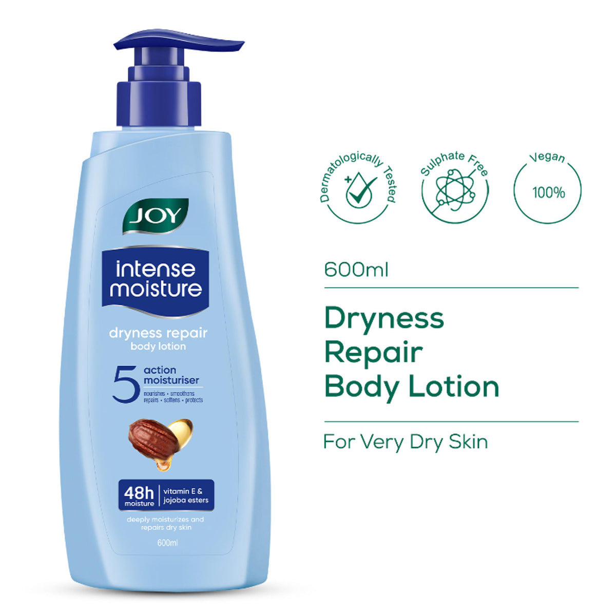 Joy Intense Moisture Dryness Repair Body Lotion with Vitamin E and Jojoba, 24-hour softness for winter skin.