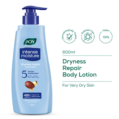 Joy Intense Moisture Dryness Repair Body Lotion with Vitamin E and Jojoba, 24-hour softness for winter skin.