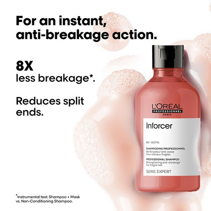 L'Oreal Professionnel Inforcer Shampoo for reduced hair breakage with biotin and vitamin B6, showing the shampoo bottle and label.