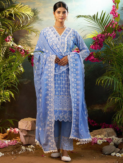 Indyancart IE Women Ethnic Motifs Embroidered Cotton Kurta with Trousers & Dupatta