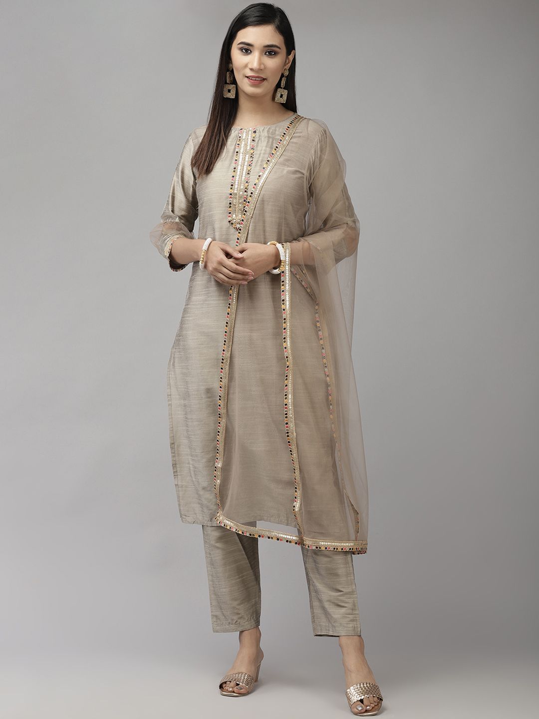 Indyancart IE Women Grey Gotta Patti Kurta with Trousers & With Dupatta