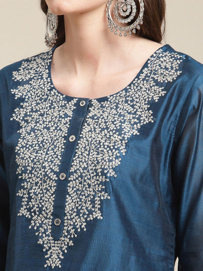Indyancart VA Women's Blue Floral Embroidered Chanderi Silk Kurta with Trousers & Dupatta
