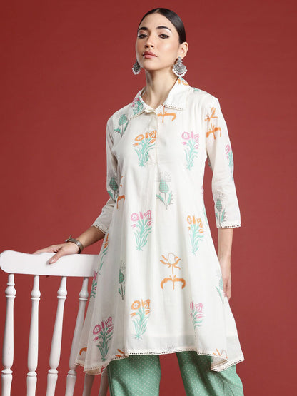 Indyancart IE Floral Printed Pure Cotton Kurti with Trousers