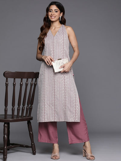Indyancart VA Women'sMauve Floral Woven Design Sleeveless Straight Kurta with Palazzos
