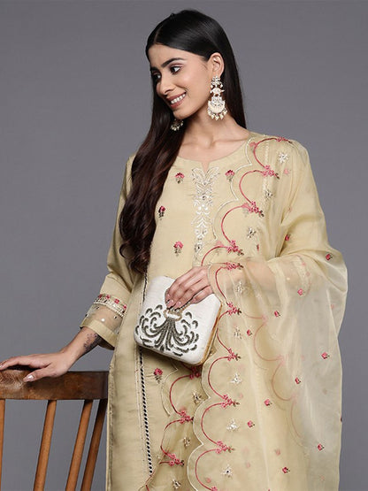 Indyancart VA Women'sFloral Embroidered Mirror Work Kurta with Trousers & Dupatta