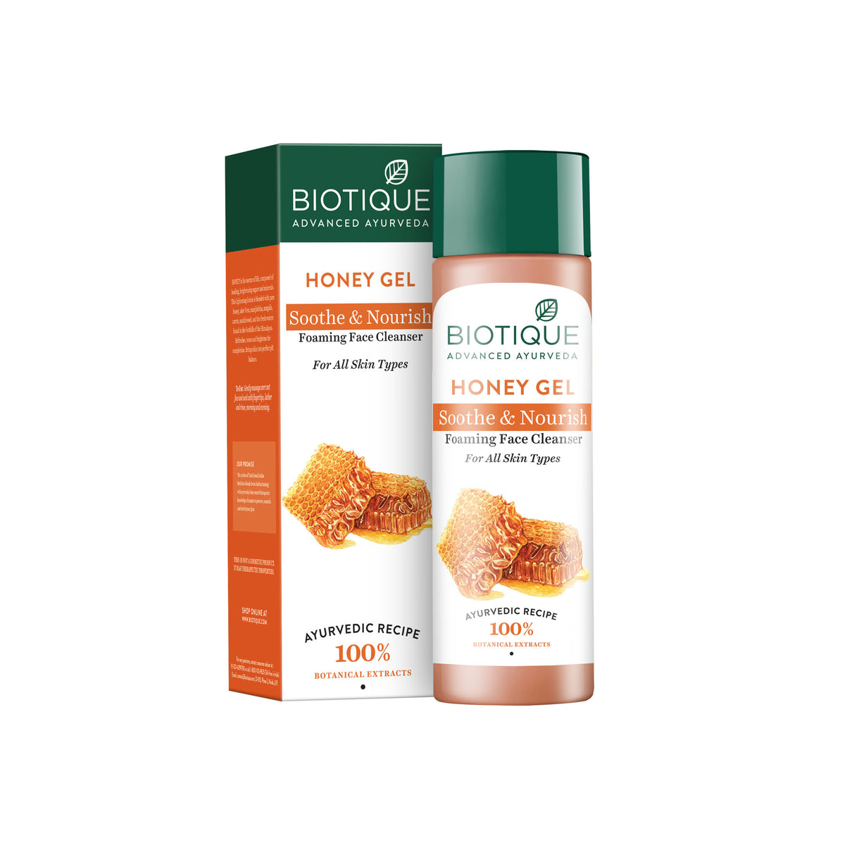 Biotique Bio Honey Gel Soothe & Nourish foaming face cleanser in a clear pump bottle with golden accents and honey-themed branding