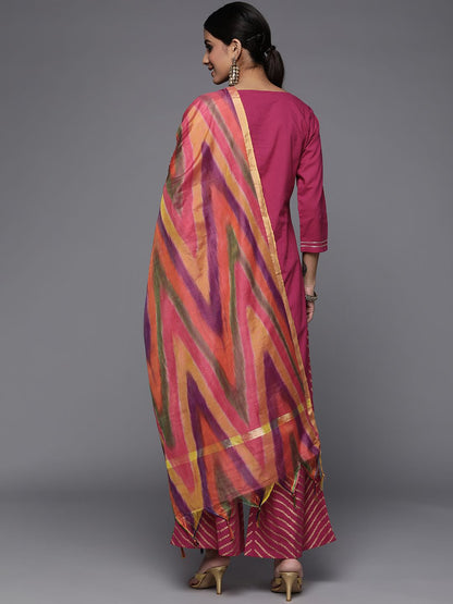 Indyancart VA Women's Fuchsia Pink & Golden Floral Print Cotton Kurta with Palazzos & Dupatta