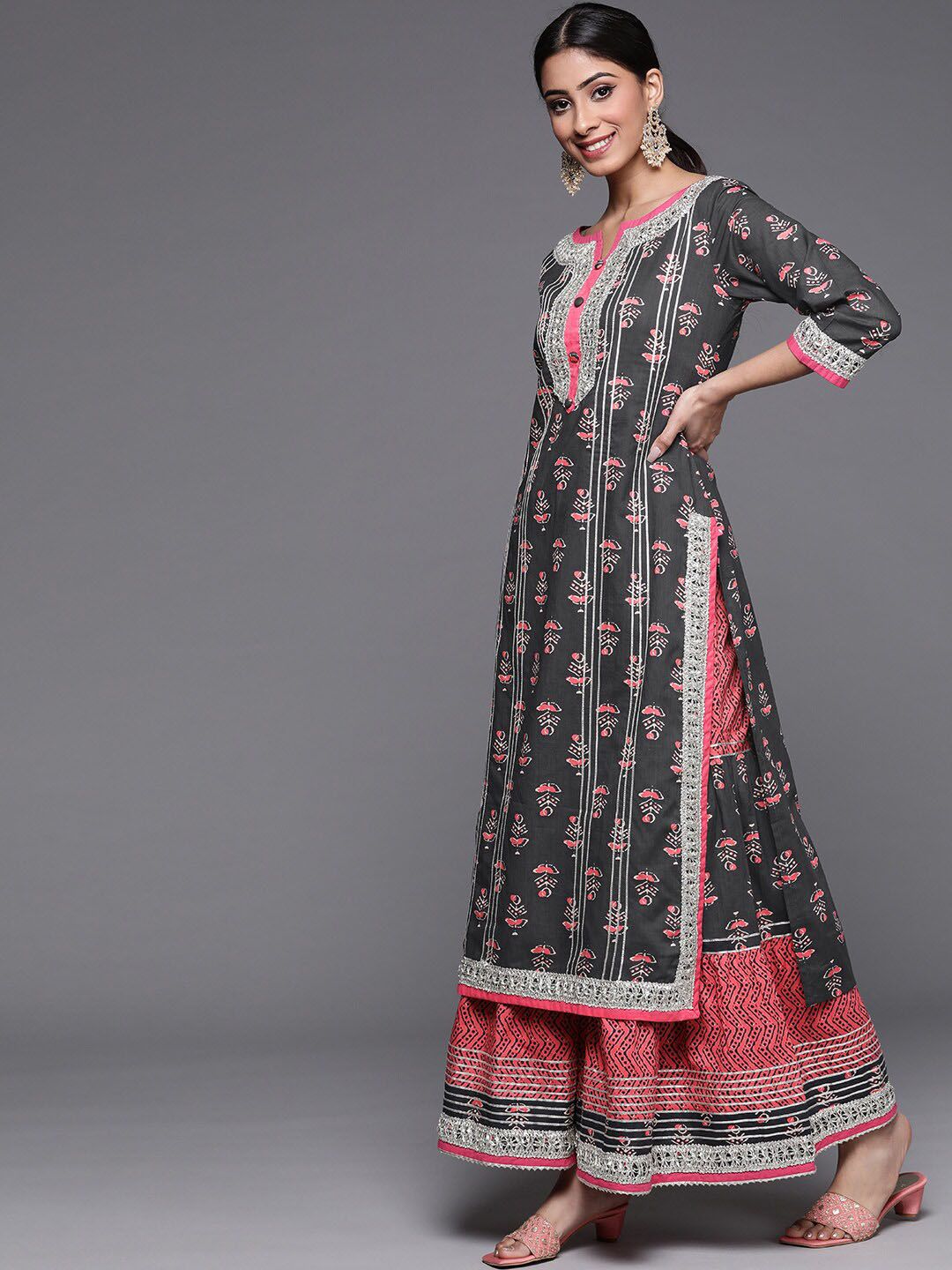 Indyancart VA Women'sEthnic Motifs Printed Kurta with Sharara