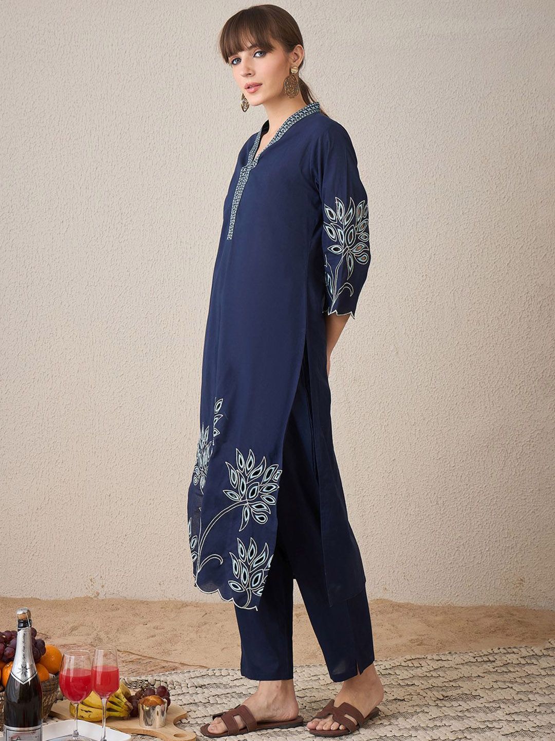 Dhiyona IE Women Floral Embroidered Regular Thread Work Pure Cotton Kurta with Trousers