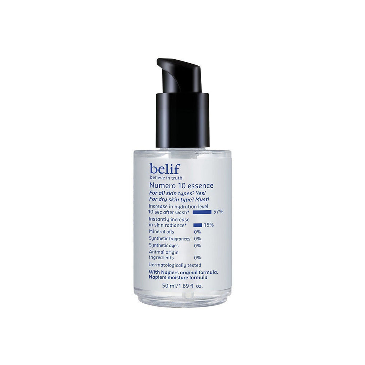 belif Numero10 Essence Korean vegan water toner and brightening serum for glass skin and hydrated glow, shown in a clear bottle