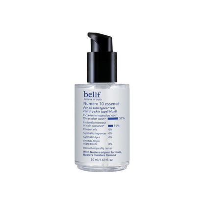 belif Numero10 Essence Korean vegan water toner and brightening serum for glass skin and hydrated glow, shown in a clear bottle