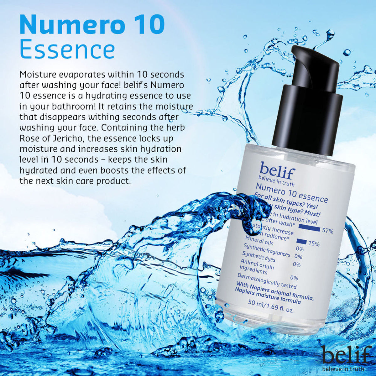 belif Numero10 Essence Korean vegan water toner and brightening serum for glass skin and hydrated, radiant glow.