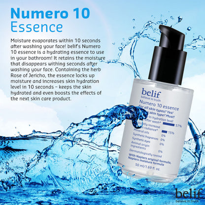 belif Numero10 Essence Korean vegan water toner and brightening serum for glass skin and hydrated, radiant glow.