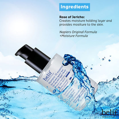 belif Numero10 Essence Korean vegan water toner and brightening serum for glass skin and hydrated glow, with a clear glass bottle and dropper