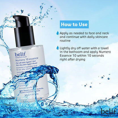 belif Numero10 Essence Korean vegan water toner and brightening serum for glass skin and hydrated glow, in a sleek bottle.