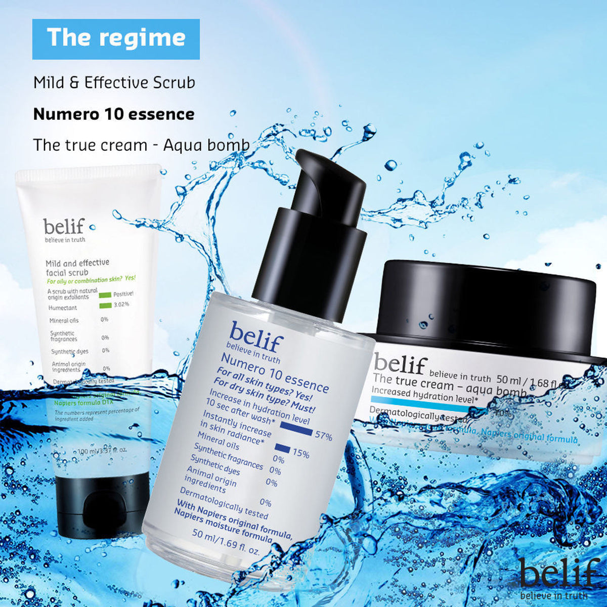 belif Numero10 Essence Korean vegan water toner and brightening serum for glass skin and hydrated glow, shown in a sleek bottle.