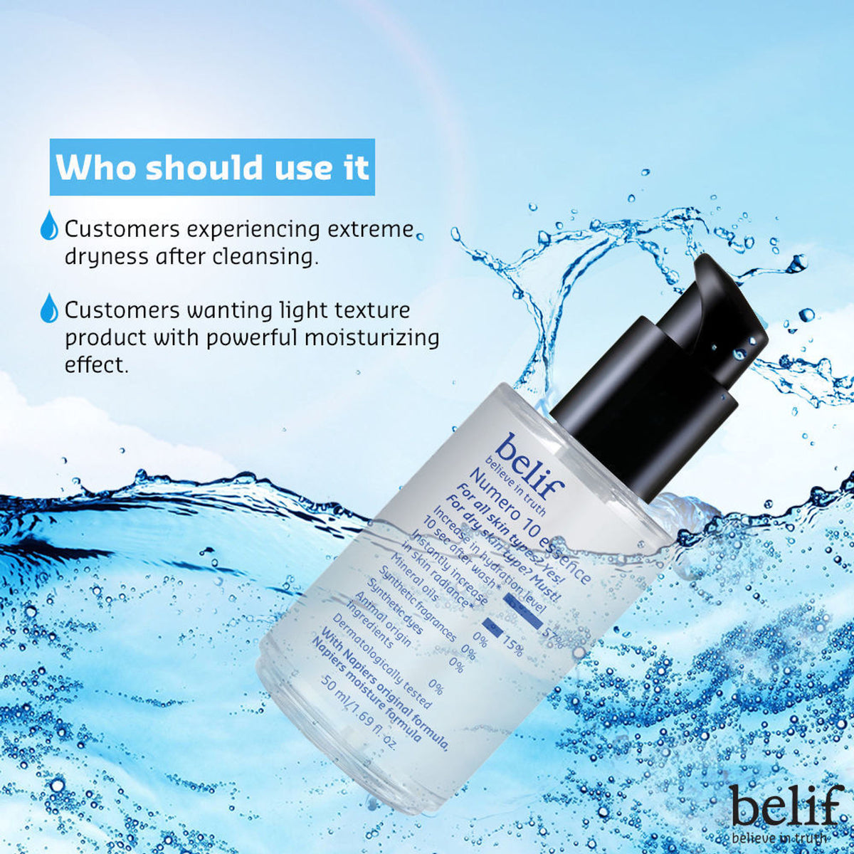 belif Numero10 Essence Korean vegan water toner and brightening serum for glass skin and hydrated glow, in a clear bottle