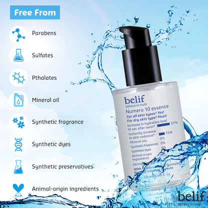 belif Numero10 Essence Korean vegan water toner and brightening serum for glass skin and hydrated glow, with a clear bottle and applicator
