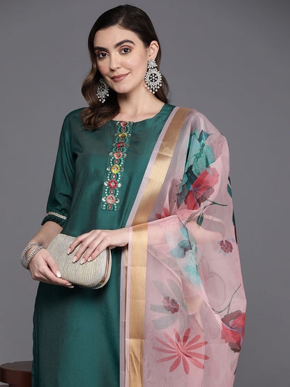 Indyancart IE Floral Embroidered Regular Thread Work Liva Kurta with Palazzos & Dupatta