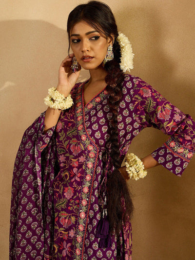 Indyancart IE Purple Floral Printed Angrakha V-Neck Thread Work Pure Cotton A-Line Kurta Set