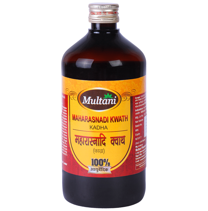 Multani Maharasnadi Kwath Ayurvedic syrup in a glass bottle with a label, displayed on a wooden surface.