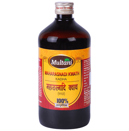 Multani Maharasnadi Kwath Ayurvedic syrup in a glass bottle with a label, displayed on a wooden surface.