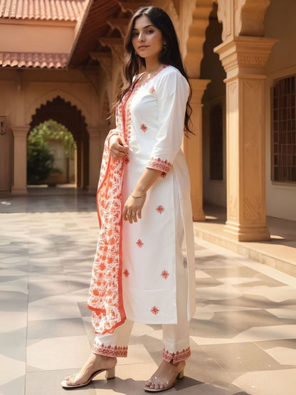 Floral Embroidered Pure Cotton Kurta With Trousers & Dupatta