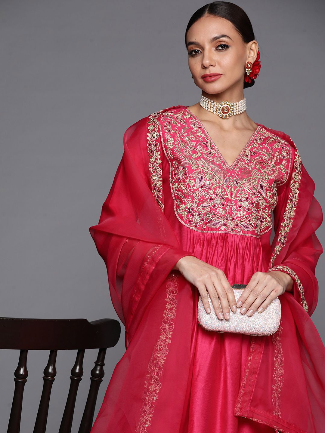 Indyancart IE Ethnic Motifs Yoke Design A-Line Sequined Kurta with Palazzos & Dupatta