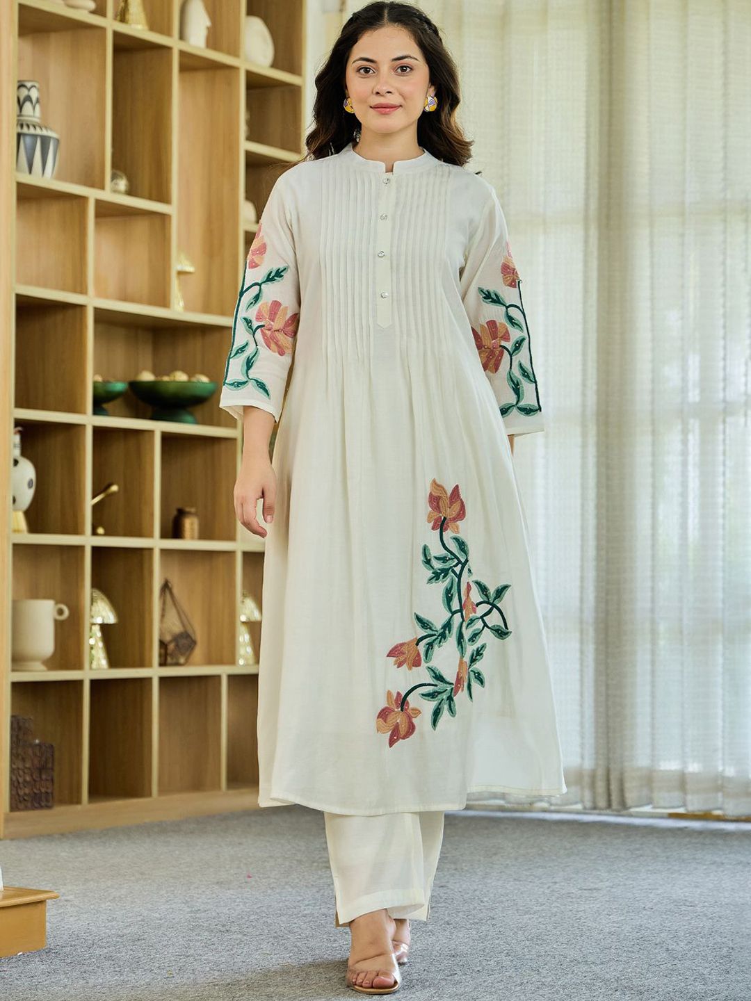 Floral Embroidered Mandarin Collar A Line Pure Cotton Kurta Wwith Trousers