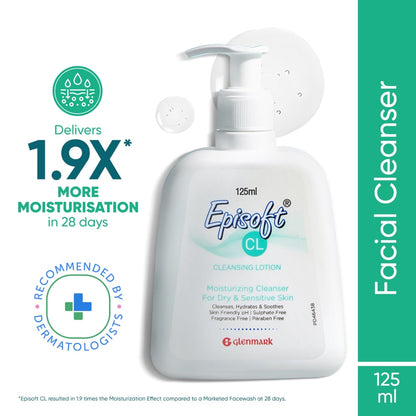 Episoft cleansing lotion for sensitive and dry skin, gentle makeup remover in a clear bottle with a white cap.