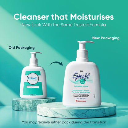Episoft Cleansing Lotion for sensitive and dry skin, gentle makeup remover in a clear bottle with a pump dispenser.