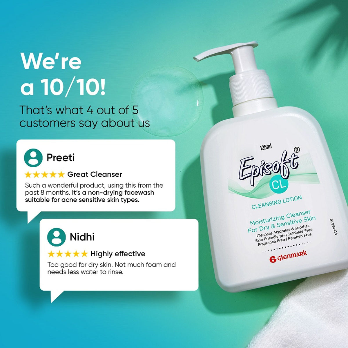 Episoft Cleansing Lotion for sensitive and dry skin, gentle makeup cleanser in a white bottle with a pump dispenser.
