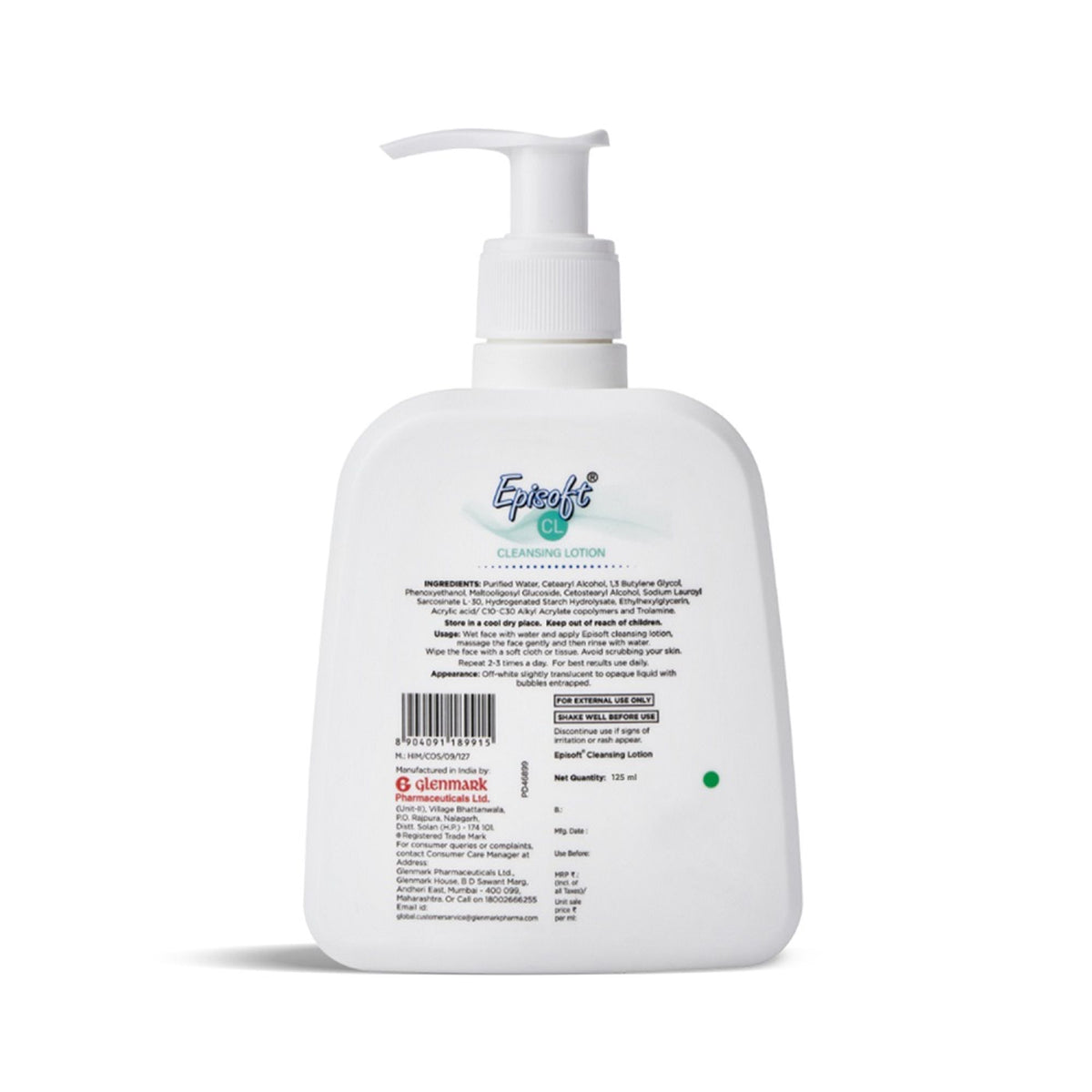 Episoft cleansing lotion for sensitive and dry skin, gentle makeup remover in a clear bottle with a white pump dispenser.