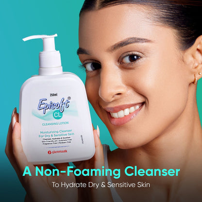 Episoft Cleansing Lotion for sensitive and dry skin, gentle makeup remover in a clear bottle with white cap.