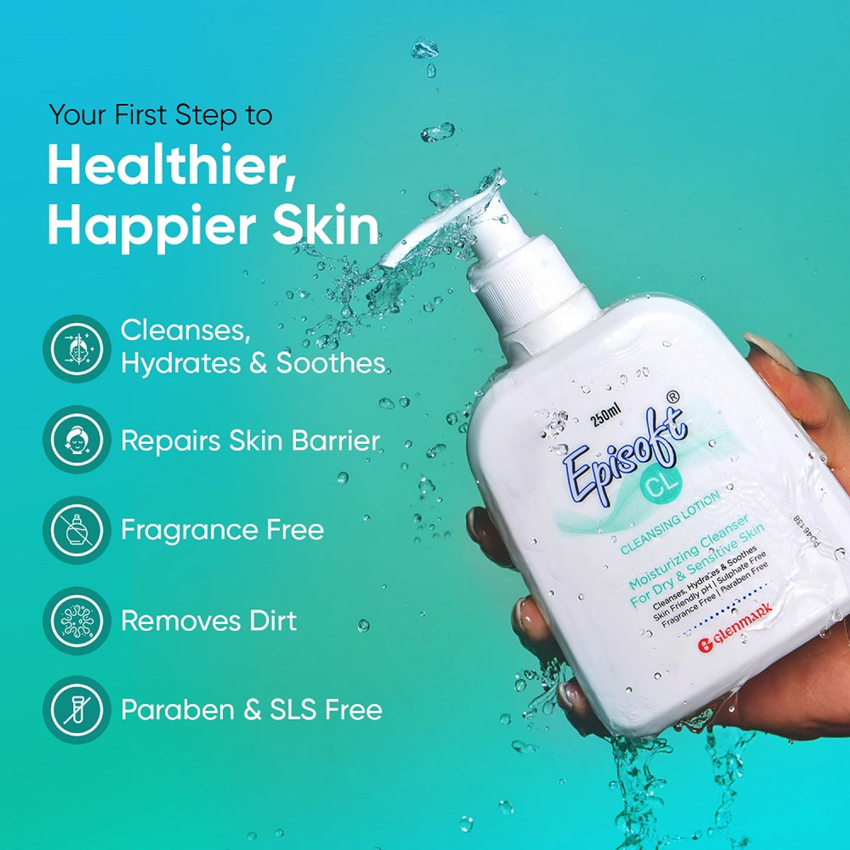 Episoft cleansing lotion for sensitive and dry skin, gentle makeup remover and hydrating skincare product in a white bottle