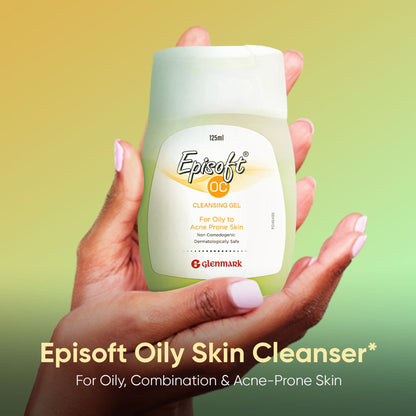Episoft oily skin cleanser and facewash for men and women, designed for oily and acne-prone skin, in a clear pump bottle.
